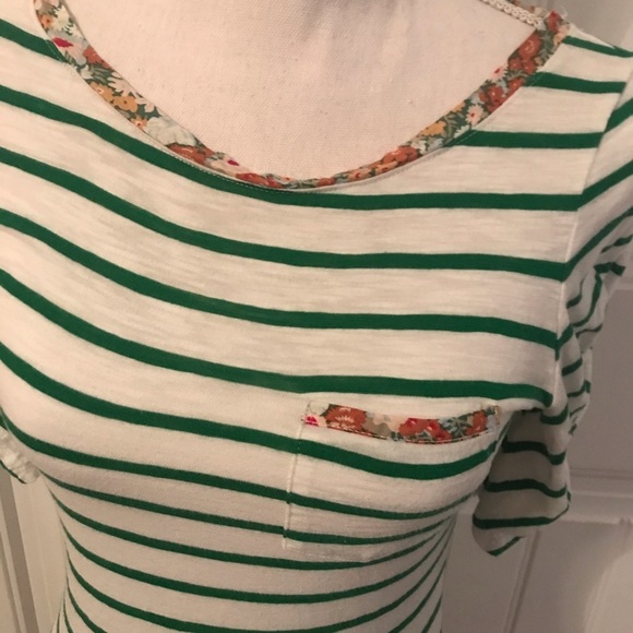 Anthropologie Postmark 3/4 Ruffled Sleeve Striped Top with Floral Neck - Picture 3 of 7